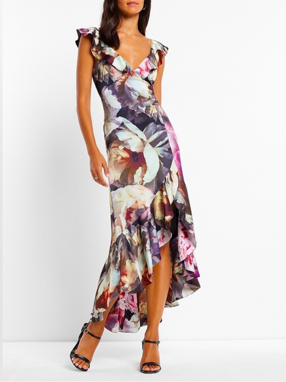 Express Floral Satin Ruffle Hi‑Lo Dress in Pink, Purple & Cream
